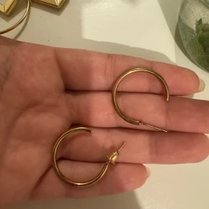 Guldiga hoop-örhängen - Säljer ett par snygga guldiga hoop-örhängen. De är i en klassisk rund form och har en enkel men elegant design. Perfekta för både vardag och fest!
