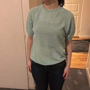 Mintgrön glittrig topp - Säljer en mintgrön glittrig topp med korta ärmar. Tillverkad i 100% syntetmaterial, vilket ger en skimrande effekt. Perfekt för att lägga till lite glitter i vardagen.