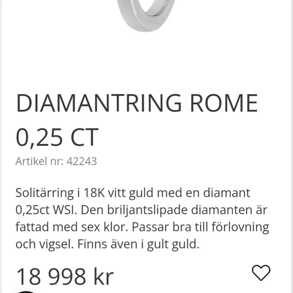 Knappt använd. Väldigt bra skick och fin äkta naturlig diamant på 0.25carat. 18k vitguld och väger ca 3gram. Graverbar. Inköpt för 18 998:-  Pruta om du vill.. Accessoarer.