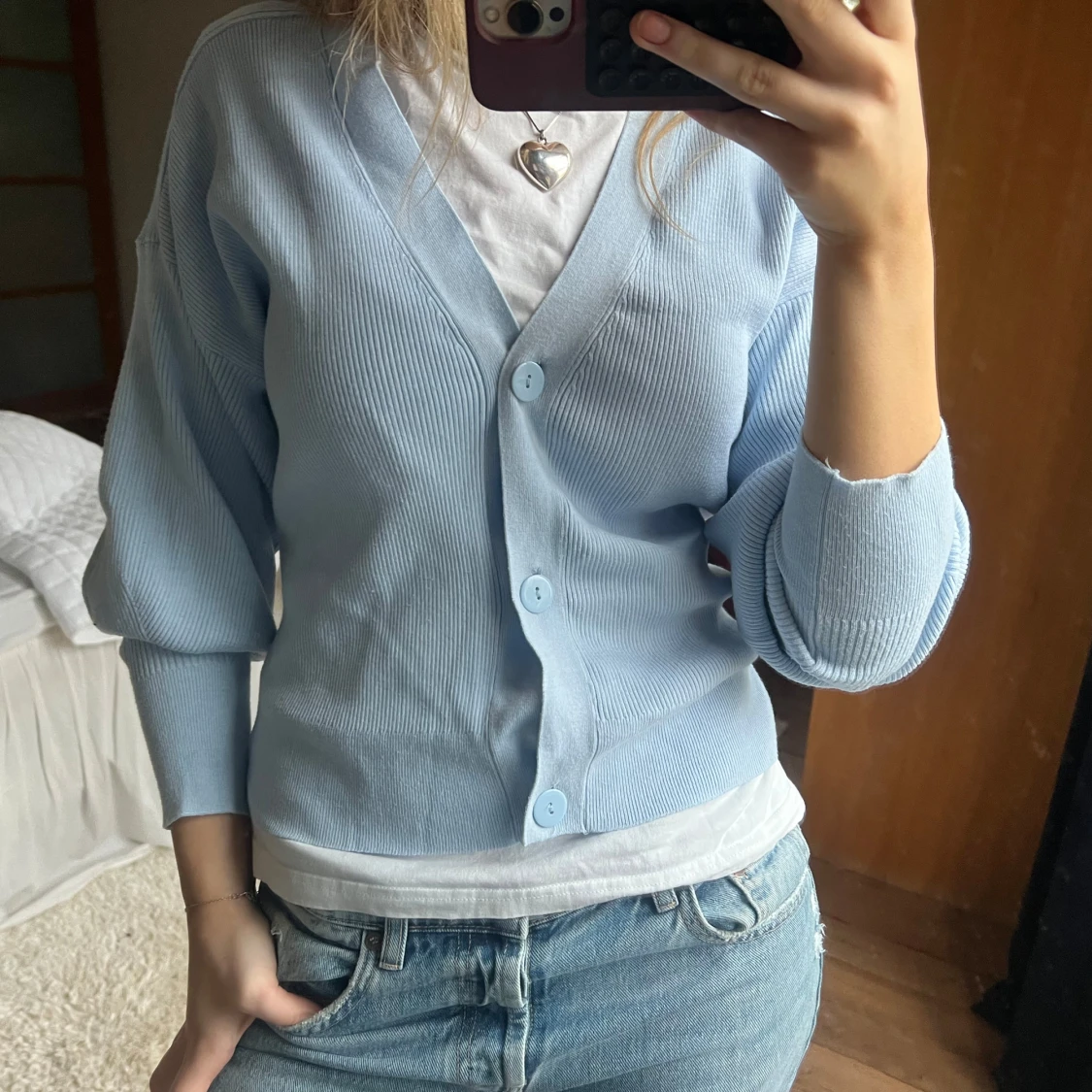 Ljusblå ribbad kofta - 2