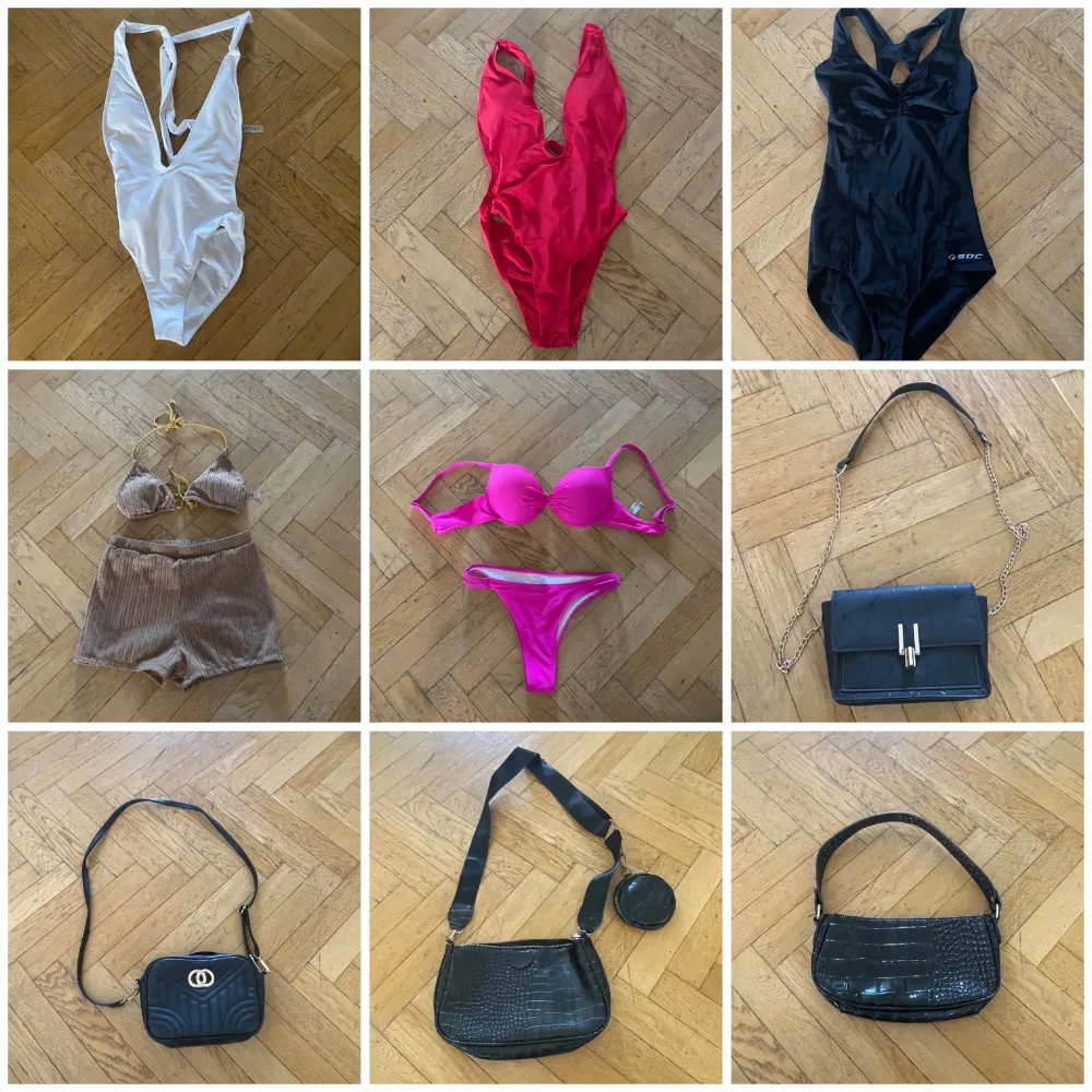 Rosa bikini behövs sy på en del. Alla bikinis och baddräkter är oanvända och inte testade. Accessoarer.