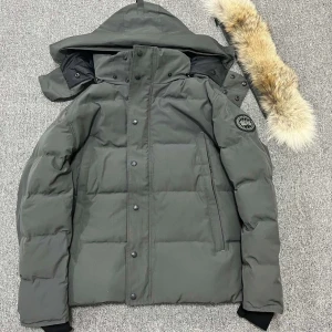 Grå dunjacka från Canada Goose - Snygg och varm grå dunjacka från Canada Goose med avtagbar pälskant på huvan. Jackan har en stilren design med knappar och dragkedja framtill samt en logotyp på ärmen. Perfekt för kalla vinterdagar.