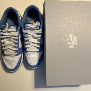 Nike Dunk i blått och vitt - Säljer ett par Nike Dunk sneakers i en snygg blå och vit färgkombination. Väldigt nya, användes bara två gånger, köpte de för 1600kr.