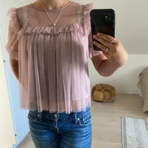 Ljusrosa transparent blus med volanger - Säljer en superfin ljusrosa blus i transparent material. Blusen har korta ärmar och är dekorerad med söta volanger både fram och på ärmarna💕                               pris kan diskuteras!