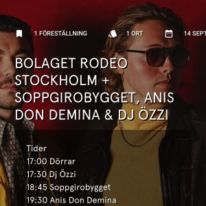 Bolaget Rodeo Stockholm 14/9 - Säljer 1 ståplats 18+ till Bolaget Rodeo på Stockholm stadion den 14/9 där soppgirobygget är förband 