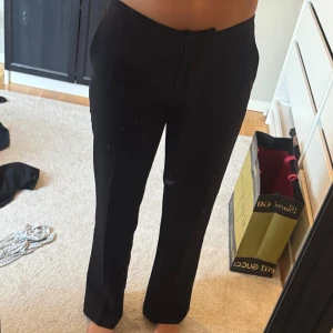 Svarta lågmidjade kostymbyxor med raka ben - Säljer ett par svarta lågmidjade kostymbyxor med klassisk rak passform och pressveck. Byxorna har midja med knapp och dragkedja. 