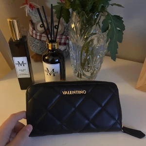 Svart quiltad plånbok Valentino - Stilren svart plånbok från Mario Valentino med quiltad design och guldfärgad logga framtill. Plånboken har dragkedja runtom, flera kortfack och ett myntfack med dragkedja. Köpt på zalando knappt används fick den i somras och har ny köpt en ny plånbok därför säljer jag denna, pris kan diskuteras ❤️ köpt för 749kr