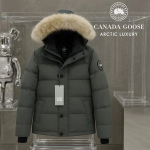 Grå dunjacka med päls från Canada Goose - Säljer en grå dunjacka från Canada Goose med stor fluffig päls runt huvan. Jackan har quiltad design, svarta muddar, dragkedja och knappar framtill samt logotyp på ärmen. Perfekt för kalla vinterdagar och riktigt snygg streetstil.