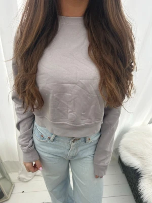 Ljusgrå croppad sweatshirt från Nike - Ljusgrå croppad sweatshirt från Nike med diskret logga på ärmen och upphöjt mönster framtill. Tröjan har rund halsringning och långa ärmar. Perfekt till vardags men även till träning🤍🩶🖤