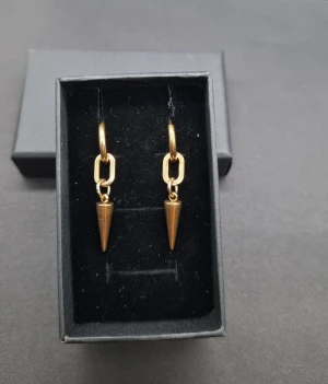 Guldiga örhängen med spetsig hängande detalj - Snygga örhängen i guldton med geometrisk design. Material-rostfritt stål 