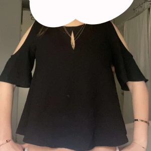 Svart blus med öppna axlar - Säljer en svart blus med snygga öppna axlar och korta, fladdriga ärmar. Toppen har en liten v-ringad detalj framtill och är lätt utsvängd i modellen. Perfekt för dig som gillar stilrena och trendiga plagg.