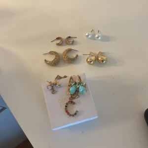 Örhängen och halsband från Caroline Svedbom - Säljer ett set med flera örhängen och ett halsband från Caroline Svedbom. Inkluderar guldiga hoops med stenar, droppformade guldörhängen, pärlörhängen, örhängen med blågröna stenar och ett halsband med färgglada stenar i form av ett C. Perfekt för dig som gillar att mixa och matcha smycken. Säljer antingen per styck eller tillsammans men skriv för mer information! Vill gärna få sålt snabbt så buda gärna