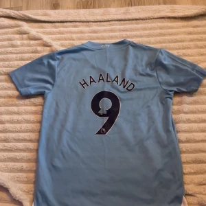 Manchester City Haaland  matchtröja - Snygg Manchester City fotbollströja med Haaland och nummer 9 på ryggen. Tröjan är ljusblå med mörkblå detaljer, klubbmärke på bröstet och Etihad Airways-tryck. Tillverkad i lätt och ventilerande material, perfekt för fotboll eller supporterliv. Nummer 9 märket har de lossnat lite på som det syns på bilden. Därför är priset sänkt mycket