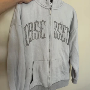Grå/blå hoodie med strass och dragkedja - Säljer en ljusgrå/blå hoodie med strassdetaljer framtill och dragkedja. Tröjan har huva, fickor och ribbade muddar. Perfekt för dig som gillar streetstyle och vill sticka ut lite extra. Väldigt oversized så passar upp till xl