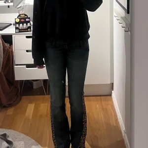 Lågmidjade jeans - Ett par mörkblåa lågmidjade jeans med leopard detalj på sidorna. Mycket snygga och i bra skick! Strl 26/34 (passar mig i längd som är 175.)