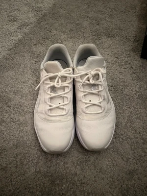 Vita Jordan sneakers med snörning - Säljer ett par fräscha vita Jordan sneakers med rund tå och platt sula. Skorna har snygga detaljer med perforering på sidorna och klassisk snörning. Materialet är en mix av skinn och syntet, vilket ger en clean och sportig look. Perfekta för dig som gillar stilrena sneakers.