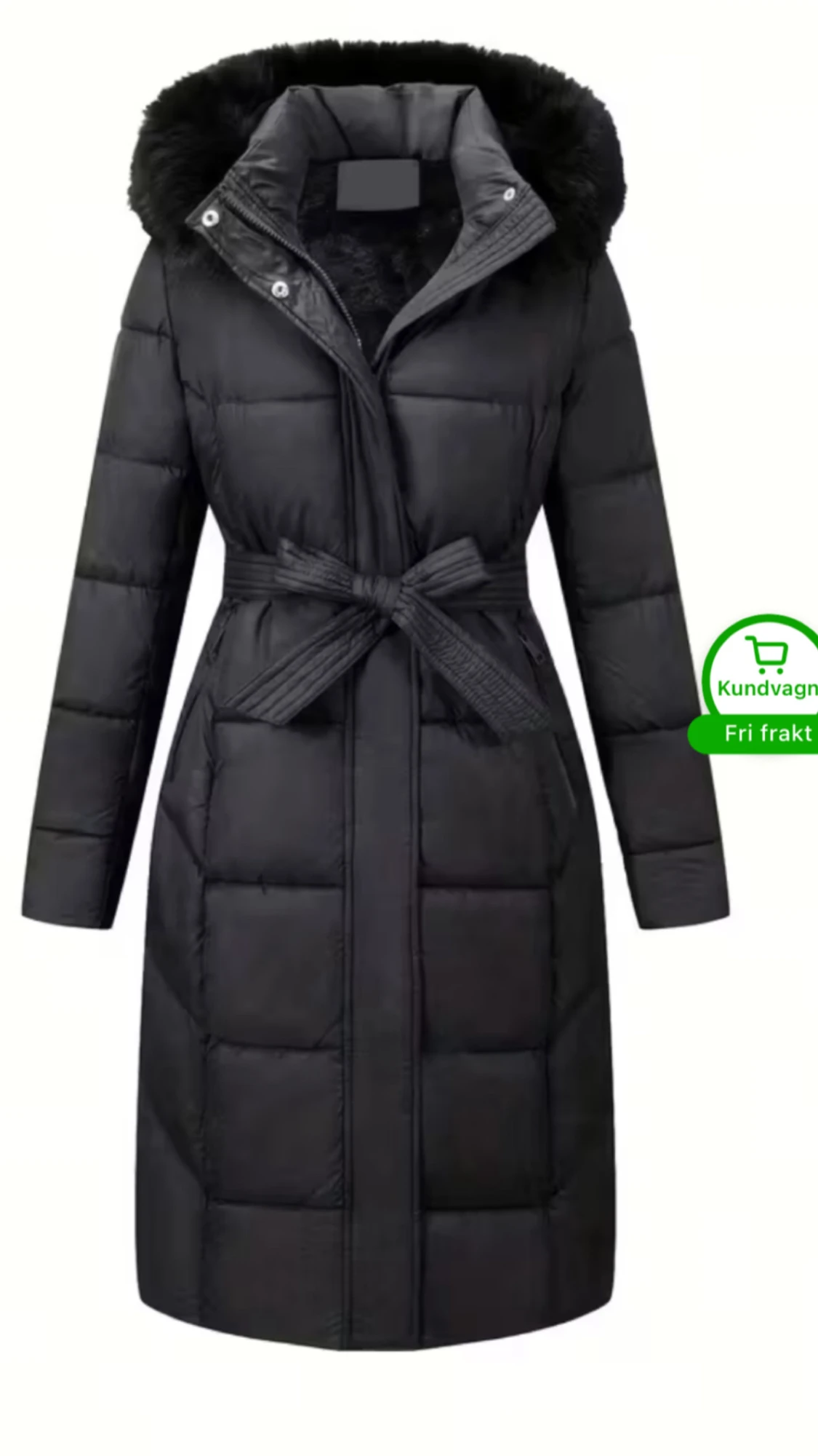 Svart lång pufferjacka med päls
