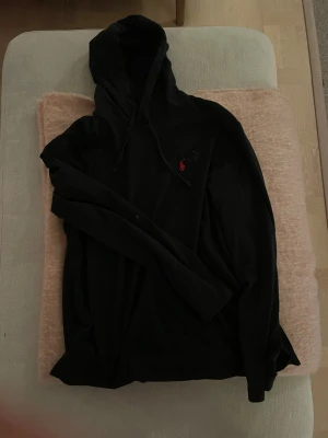 Svart hoodie från Polo Ralph Lauren - Svart hoodie från Polo Ralph Lauren med klassisk röd broderad logga på bröstet. Tröjan har huva med snörning och långa ärmar. Mjuk bomullskvalitet som är skön att bära och passar perfekt för chill dagar. Snygg och enkel design som funkar till allt.  HOODIEN HAR EN LITEN FLÄCK MEN DEN TVÄTTAS INNAN JAG SKICKAR!!!