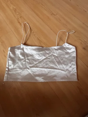 Champagnefärgad satin linnetopp NLY One - Champagnefärgad linnetopp från NLY One i storlek S. Tunn och glansig satin med smala axelband och croppad passform. Perfekt för dig som gillar stilrena och enkla toppar med lite lyxig känsla. Snygg att matcha med jeans eller kjol.