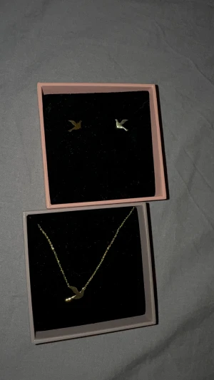 Guldigt smyckeset med fågelmotiv - Säljer ett smyckeset med örhängen och halsband i guldton. Både örhängena och halsbandet har en stilren fågelformad design som ger en cool och unik touch. Perfekt för dig som gillar minimalistiska detaljer och djurmotiv. Fick i present men fall mig inte i smaken så dom är helt oanvända, ordinarie priset sammanlagt är 550❤️