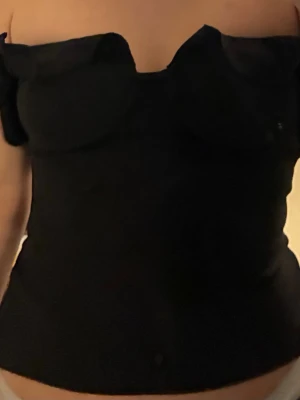 Svart offshoulder korsett med dragkedja - Säljer en svart korsettopp med offshoulder-design och snygg v-ringad urringning. Toppen har en dragkedja i ryggen för enkel på- och avtagning och sitter tight för en smickrande siluett. Perfekt att styla med höga jeans eller kjol.