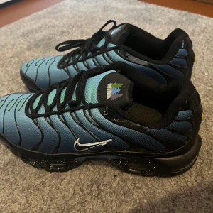 Nike sneakers blå och svart - Säljer ett par Nike Tn sneakers i blått och svart med coola svarta detaljer och vit swoosh på sidan. Skorna har snörning, svart sula med vita stänk och mesh-överdel. Unik detalj med broderad Nike-logga och träd på plösen. Perfekta för dig som gillar streetstyle.