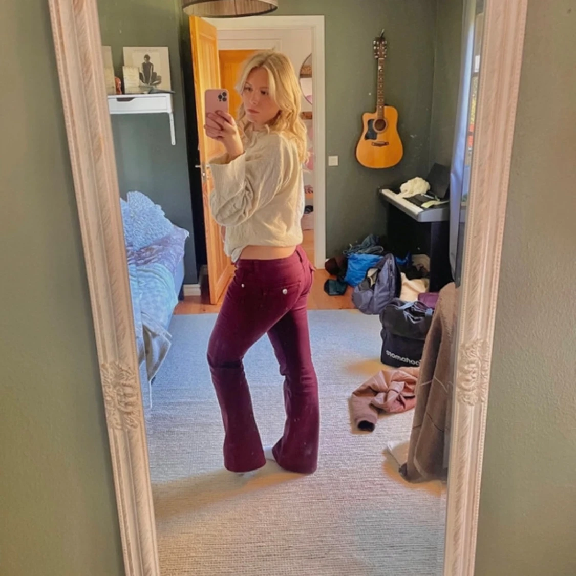 Vinröda low waist bootcut byxor - 1