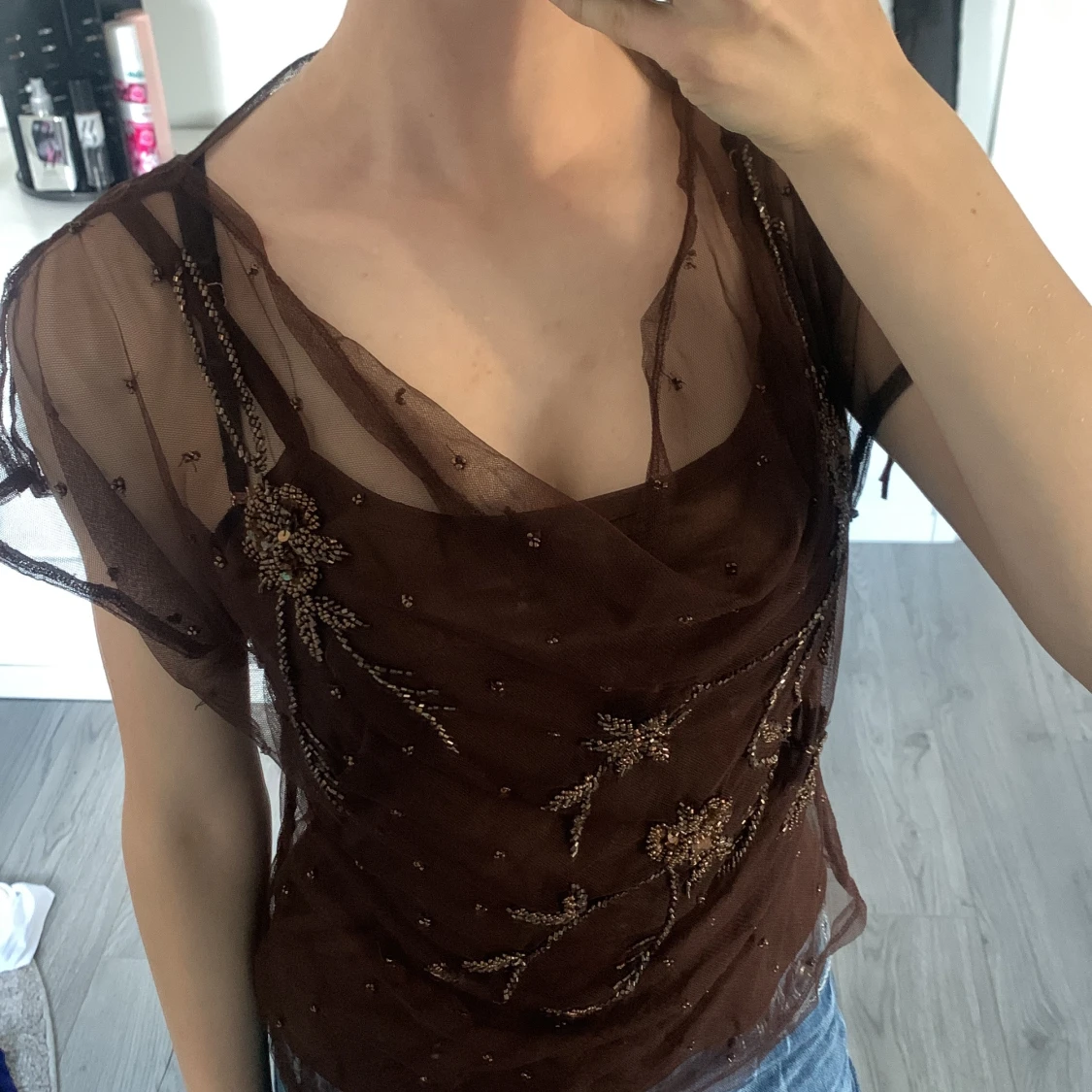 Vintage mesh blus med broderade blommor - 2