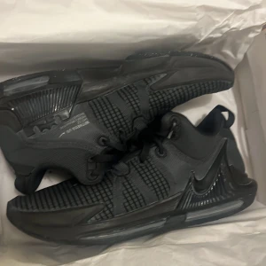 Svarta Nike sneakers med lejonlogga - Säljer ett par helsvarta Nike sneakers med cool lejonlogga på hälen. Skorna har snörning, meshpaneler och en chunky sula med dämpning. Swoosh-loggan syns på sidan och ovandelen är i syntet och textil. Perfekta för dig som gillar sportig och modern stil.