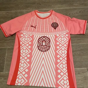 Rosa fotbollströja från Puma M/S - Snygg rosa fotbollströja från Puma i storlek M med unikt grafiskt mönster i vitt och rött. Tröjan har korta ärmar, rund halsringning och är tillverkad i ett lätt och ventilerande funktionsmaterial. Perfekt för dig som vill sticka ut på planen. Passar som S