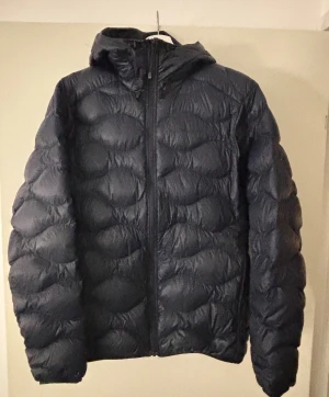 Svart dunjacka med huva - Säljer en svart dunjacka med huva och dragkedja framtill. Jackan har quiltad design och lång ärm, perfekt för kyliga dagar. Enkel och stilren modell som passar till det mesta.