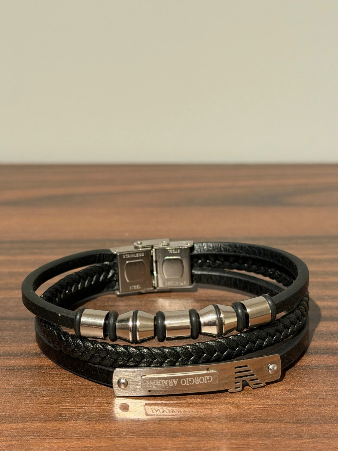 Svart armband Giorgio Armani läder & stål - 2