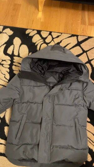 Grå svart logo  pufferjacka från Canada Goose - Grå svart logo  pufferjacka från Canada Goose med klassisk Arctic Program-logga på ärmen. Jackan har hög krage, huva med snörning och praktiska fickor framtill. Stängs med dragkedja och knappar. Perfekt för kalla vinterdagar och har en clean, stilren look.