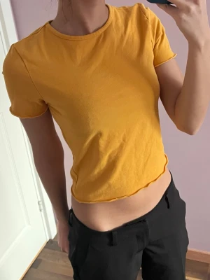 Gul croppad t-shirt - Snygg gul croppad t-shirt med korta ärmar och rund hals. Perfekt till höga byxor eller shorts. Tillverkad i mjuk bomull för en skön känsla. Enkel och stilren design utan tryck eller mönster.