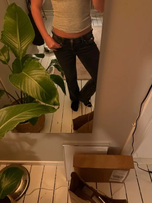 Svarta utsvängda  jeans med låg midja - Säljer ett par svarta jeans med låg midja och utsvängda. Jeansen har klassisk femficksdesign och bälteshällor. Perfekta för en avslappnad och trendig look. Materialet är denim och färgen är helsvart. HAR EN FLÄCK FRÅN EN KLICK FÄRG