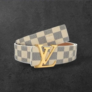 Elegant bälte med rutigt mönster och guldspänne - Stilrent bälte i beige och grått rutigt mönster med elegant guldspänne i metall. Passar både till vardags och fest för en lyxig touch på outfiten. Bältet är i mycket fint skick och har knappt använts.