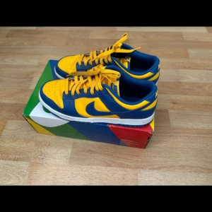 Nike Dunk Low blå/gula sneakers - Nike Dunk Low sneakers i en fet färgkombo av blått och gult med vit sula. Klassisk låg siluett med snörning och rund tå. Skorna har en cool kontrast mellan de blå och gula panelerna och den ikoniska swoosh-loggan på sidan. Perfekt för dig som vill sticka ut. Boken förljer tyvär inte med för att ja har tappat bort den
