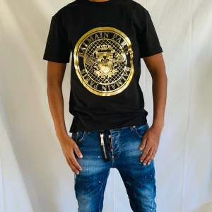 Balmain t shirt strl S  - Helt ny. Fin replika med grym kvalitét. Modellen är 175cm bär storlek S på Bilden. Normal i passformen. Pris: 999kr. Först till kvarn som gäller.