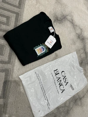Svart t-shirt från Casablanca Paris - Svart t-shirt från Casablanca Paris med färgglatt tryck på bröstet som visar en byggnad omgiven av gröna blad och texten 'CASABLANCA'. Rund hals och korta ärmar. T-shirten har en clean vibe med snygg grafik. Priset kan självklart diskuteras 😊 liten i storlek så rekommenderas till M (medium)