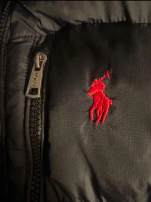 Svart pufferjacka från Polo Ralph Lauren - Säljer en svart pufferjacka från Polo Ralph Lauren med röd broderad logga på bröstet. Jackan har huva, dragkedja framtill och två sidofickor med dragkedja. Perfekt för kalla dagar och riktigt snygg streetstil.