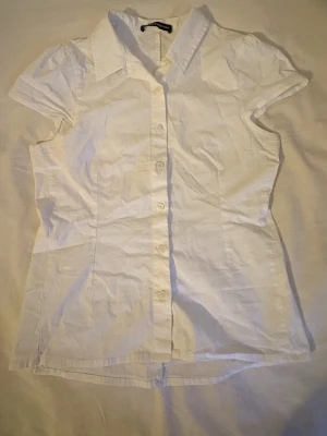 Vitt figursydd kortärmad skjorta från brandy Melville  - Jätte fin skjorta från brandy som är kortärmad med puffade axlar och figursydd i midjan perfekt till en temafest eller likande. Det är onesize men skulle säga att den passar xs-s