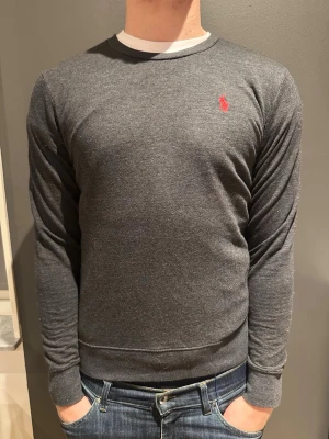 Mörkgrå tröja från Polo Ralph Lauren - Säljer en stilren mörkgrå tröja från Polo Ralph Lauren i storlek S. Tröjan har ett litet rött broderat logomärke på bröstet, rund hals och långa ärmar. Materialet är mjukt och skönt, perfekt för dig som gillar klassisk och enkel design.