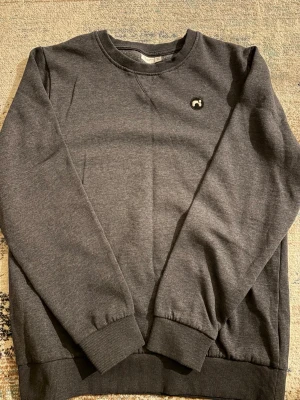 Mörkgrå sweatshirt från Basic Needs - Säljer en mörkgrå sweatshirt från Basic Needs by name it i storlek 164. Tröjan har rund hals, ribbade muddar vid ärmslut och nederkant samt ett litet svart och vitt märke på bröstet. Perfekt för chill dagar och enkel att matcha med jeans eller joggers.