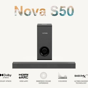 Nova S50 - Ultimea Nova S50 soundbar med subwoofer, Dolby Atmos, HDMI eARC, Bluetooth och ultra-slim design (3.8 cm). Ger en omslutande ljudupplevelse med 3 EQ-lägen och kraftfull bas. Produkten och kartongen ser ut att vara i mycket gott skick utan synligt slitage. Nypris 1300 kommer med all plast och annan förpackning kvar