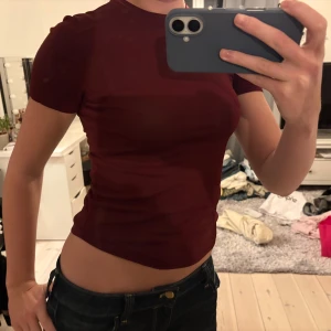 Röd topp Zara - Säljer en vinröd topp med korta ärmar och rund hals. Modellen är tight och sitter snyggt mot kroppen, perfekt för dig som gillar en enkel och stilren look. Från Zara och säljs inte längre.