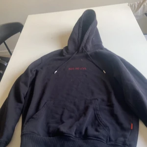 Svart hoodie från Vailent med tryck - Svart hoodie från Vailent med röd text 'SEE NO EVIL' på bröstet och stort tryck på ryggen med fladdermus och text. Hoodien har huva med snörning och känguruficka framtill. Perfekt för dig som gillar streetwear och unika prints.