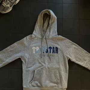 Grå Tripstar hoodie med tryck - Grå hoodie från Trapstar med tryck i vitt och blått på bröstet där det står 'Trapstar It's a secret'. Tröjan har huva med snörning och en stor magficka. Perfekt för dig som gillar en avslappnad och sportig stil.