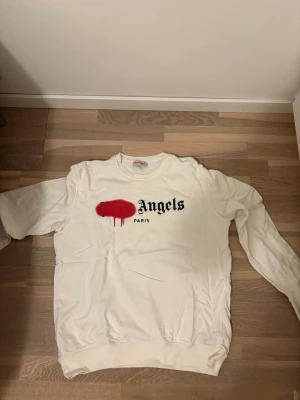 Vit Palm Angels sweatshirt med tryck - Säljer en vit långärmad sweatshirt från Palm Angels med coolt tryck framtill och text på ryggen. Framsidan har röd grafisk detalj och svart text, medan baksidan har flera städer och Palm Angels-loggan. Perfekt för dig som gillar streetwear och snygga detaljer. Använd 1-2 gånger. 
