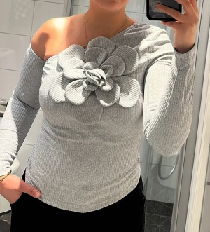 Grå offshoulder topp med stor blomma - Superfin grå ribbad topp från SHEIN i storlek S. Offshoulder-modell med lång ärm och en stor, tredimensionell blomdetalj framtill som verkligen sticker ut. Materialet är mjukt och stretchigt, 95% polyester och 5% elastan. Perfekt för dig som vill ha något unikt och trendigt.