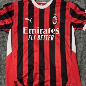 AC Milan Puma fotbollströja röd/svart - AC Milan matchtröja från Puma med klassiska röda och svarta vertikala ränder, vitt krage och detaljer. Broderad klubbmärke och Puma-logga på bröstet, samt Emirates Fly Better-tryck. Tillverkad i lätt och ventilerande polyester.